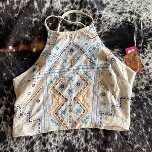 Embroidered Halter Top - Cream and Blue